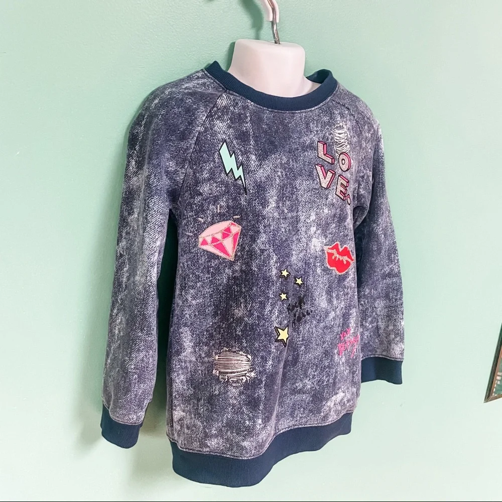 Betsey Johnson Blue Graffiti Embellished Long Sleeve Crewneck Sweater Girls 6